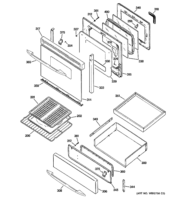 DOOR & DRAWER PARTS Diagram and Parts List for J2B915BEH2BB  General Electric Range