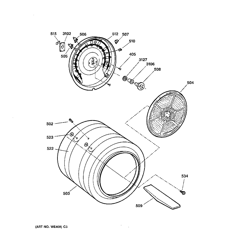 DRUM Diagram and Parts List for DPSB620EC3WW  General Electric Dryer