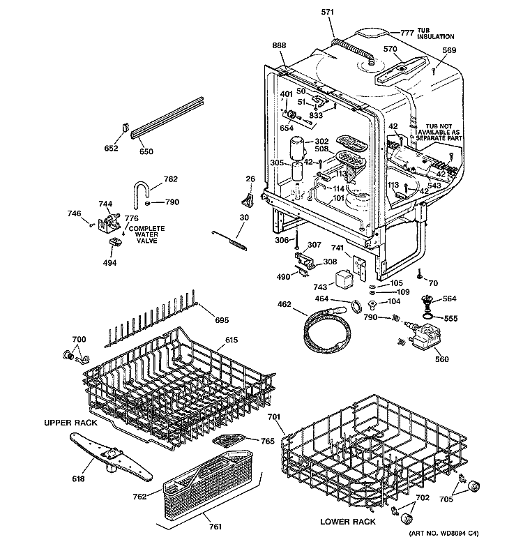 BODY PARTS Diagram and Parts List for GSD5200G03WW  General Electric Dishwasher