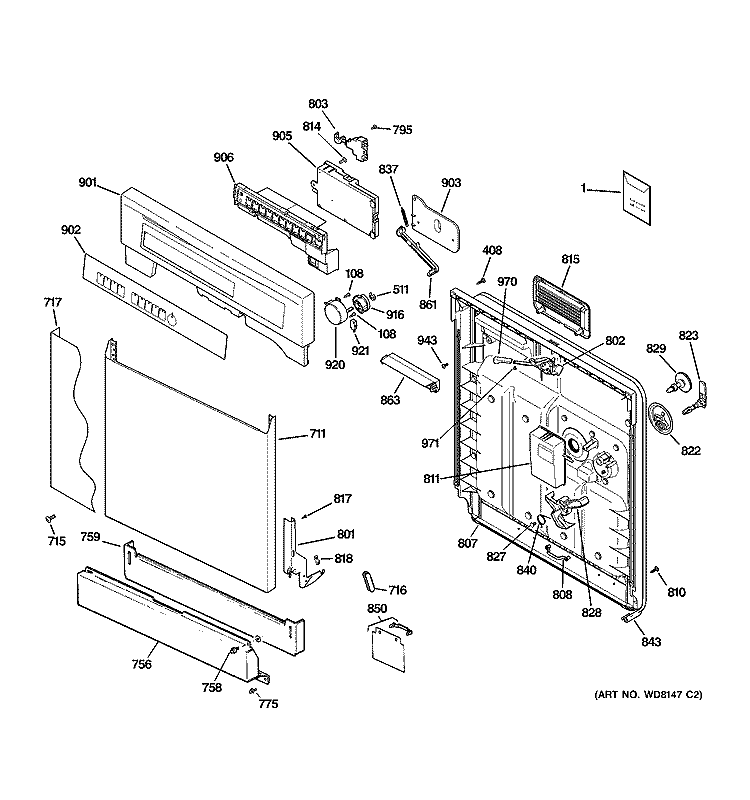 ESCUTCHEON & DOOR ASSEMBLY Diagram and Parts List for GSD5400G03BB  General Electric Dishwasher