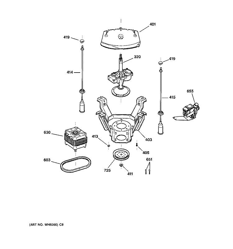 SUSPENSION, PUMP & DRIVE COMPONENTS Diagram and Parts List for WCRE6270D1CC  General Electric Washer