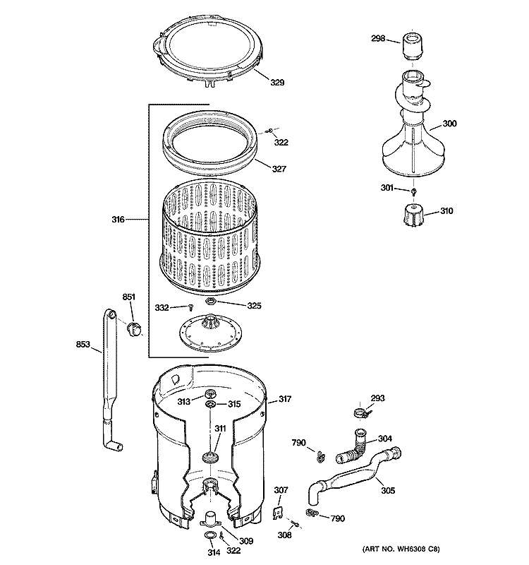 TUB, BASKET & AGITATOR Diagram and Parts List for WNRD2050D1WW  General Electric Washer