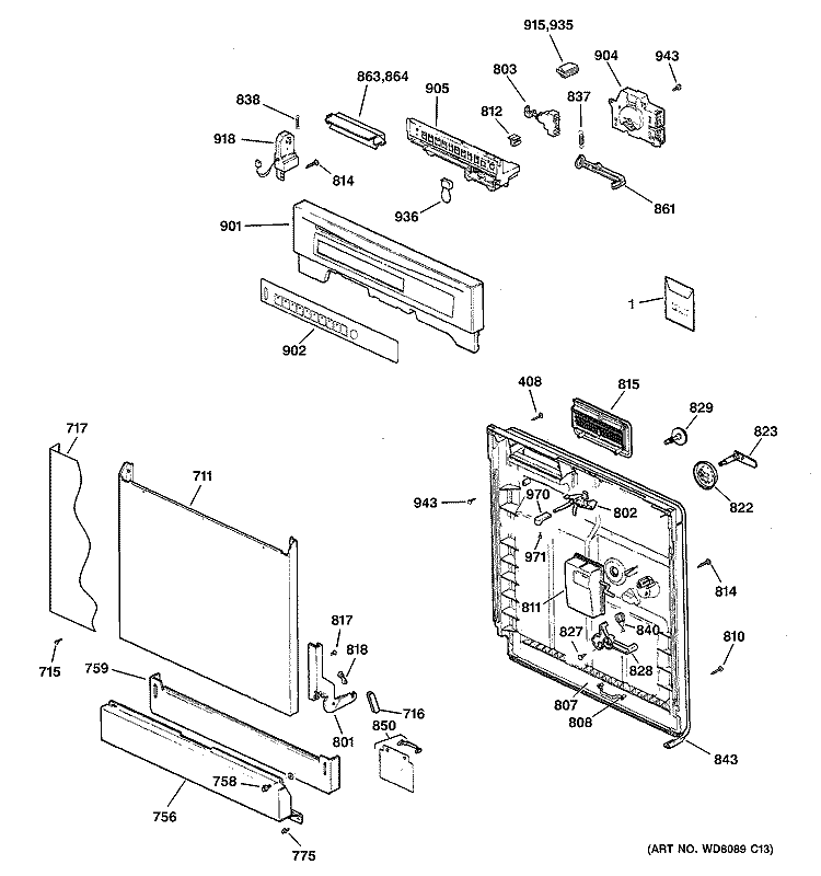 ESCUTCHEON & DOOR ASSEMBLY Diagram and Parts List for EDW3000G01CC  General Electric Dishwasher