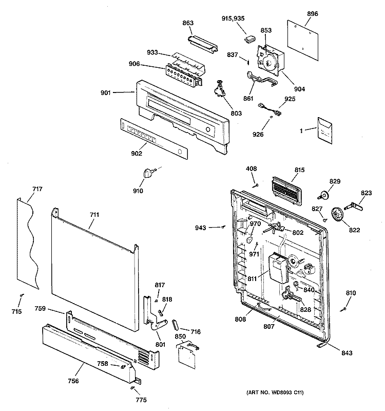 ESCUTCHEON & DOOR ASSEMBLY Diagram and Parts List for SSD3900J00WW  General Electric Dishwasher
