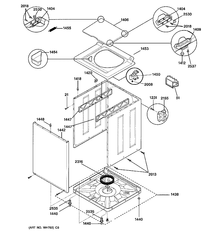 WASHER LOWER CABINET & TOP Diagram and Parts List for WSM2700WAWWW  General Electric Washer Dryer Combo