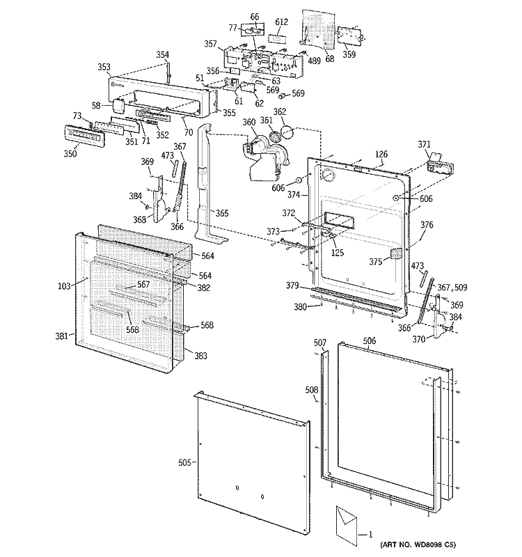 DOOR ASSEMBLY Diagram and Parts List for ZBD6400G03BB  General Electric Dishwasher