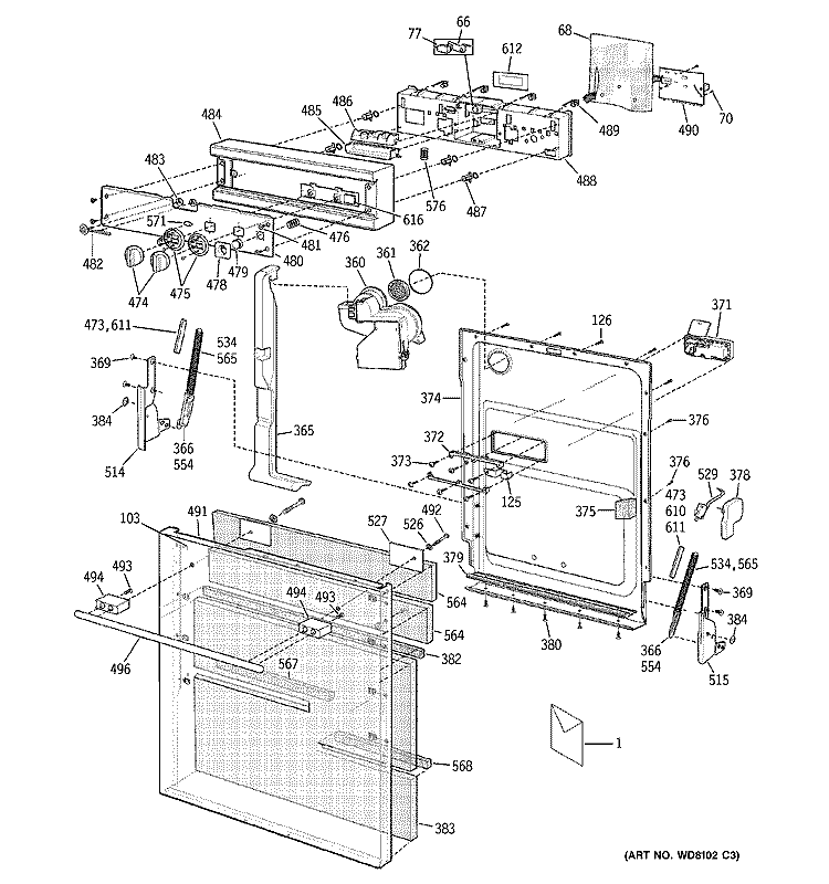 DOOR ASSEMBLY Diagram and Parts List for ZBD6600G03SS  General Electric Dishwasher