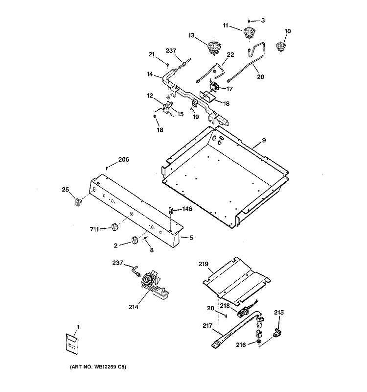 GAS & BURNER PARTS Diagram and Parts List for RGB533CEH2CC  Hotpoint Range