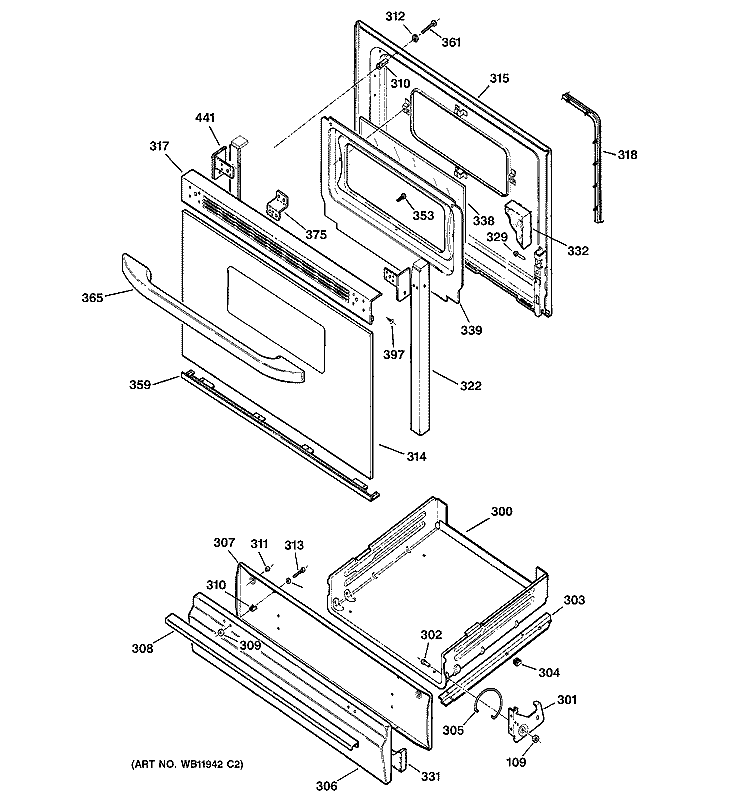 DOOR & DRAWER PARTS Diagram and Parts List for RGB533CEH2CC  Hotpoint Range