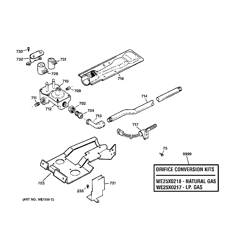 GAS VALVE & BURNER ASSEMBLY Diagram and Parts List for DPSB613GD1WW  General Electric Dryer