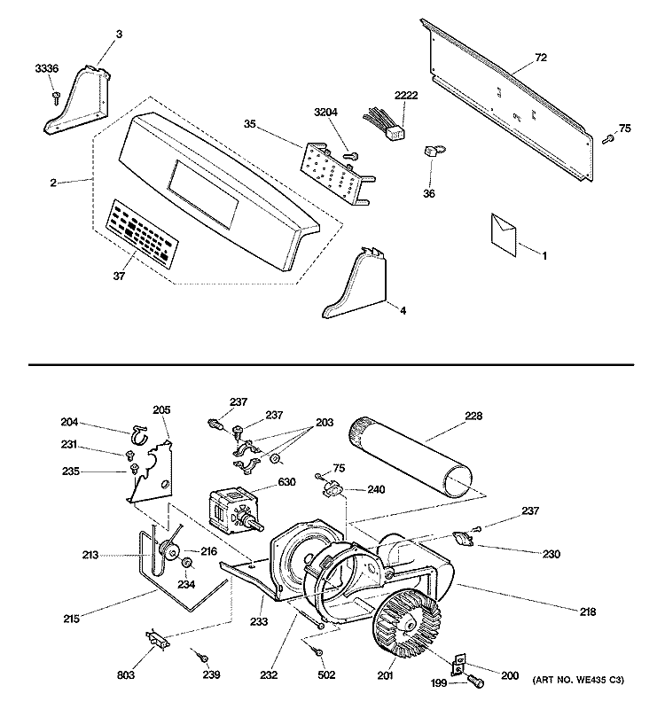 BACKSPLASH, BLOWER & MOTOR Diagram and Parts List for DPSB619ED2CC  General Electric Dryer
