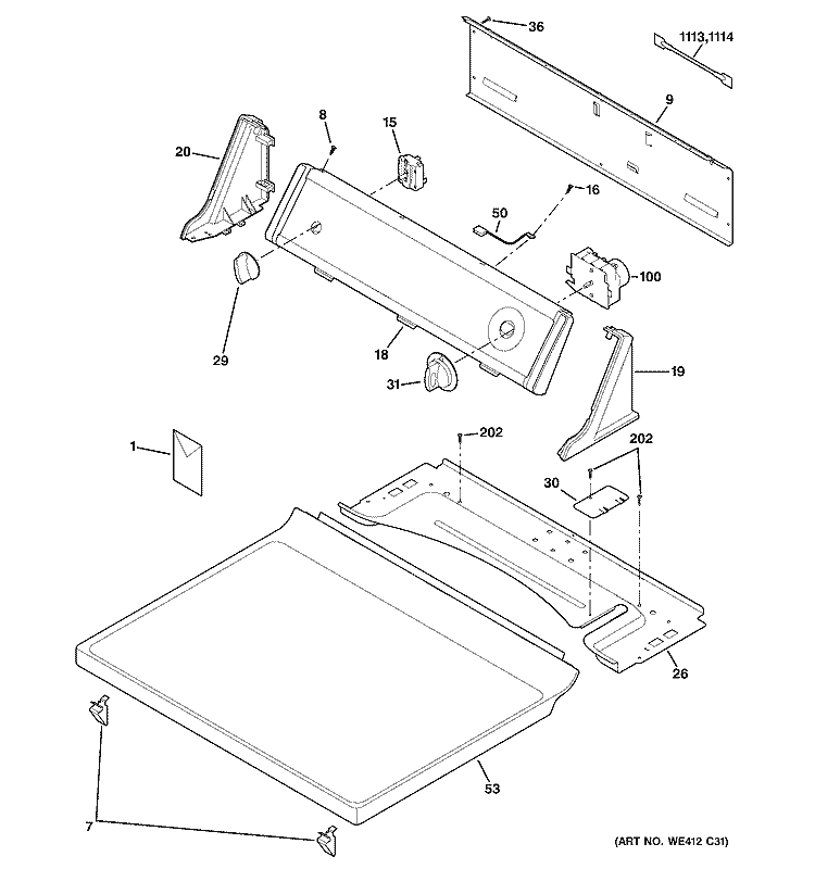 CONTROLS & TOP PANEL Diagram and Parts List for DVL223EB6WW  General Electric Dryer