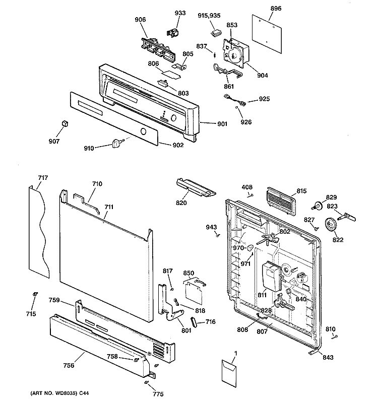 ESCUTCHEON & DOOR ASSEMBLY Diagram and Parts List for GSD3310C03AA  General Electric Dishwasher