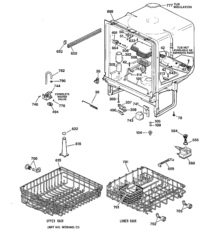 BODY PARTS Diagram and Parts List for GSD3310C03AA  General Electric Dishwasher