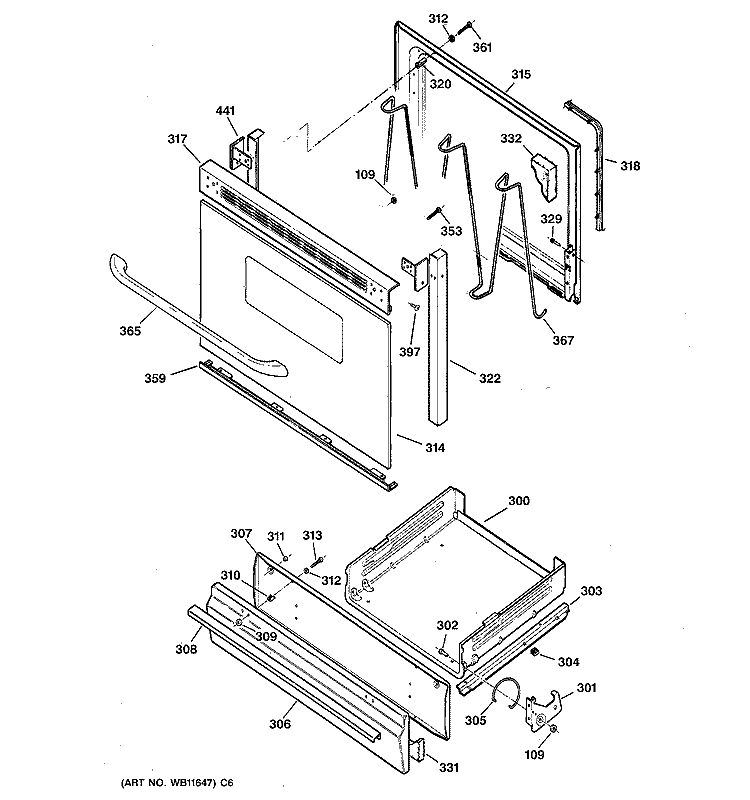 DOOR & DRAWER PARTS Diagram and Parts List for JGBS04BEH2CT  General Electric Range