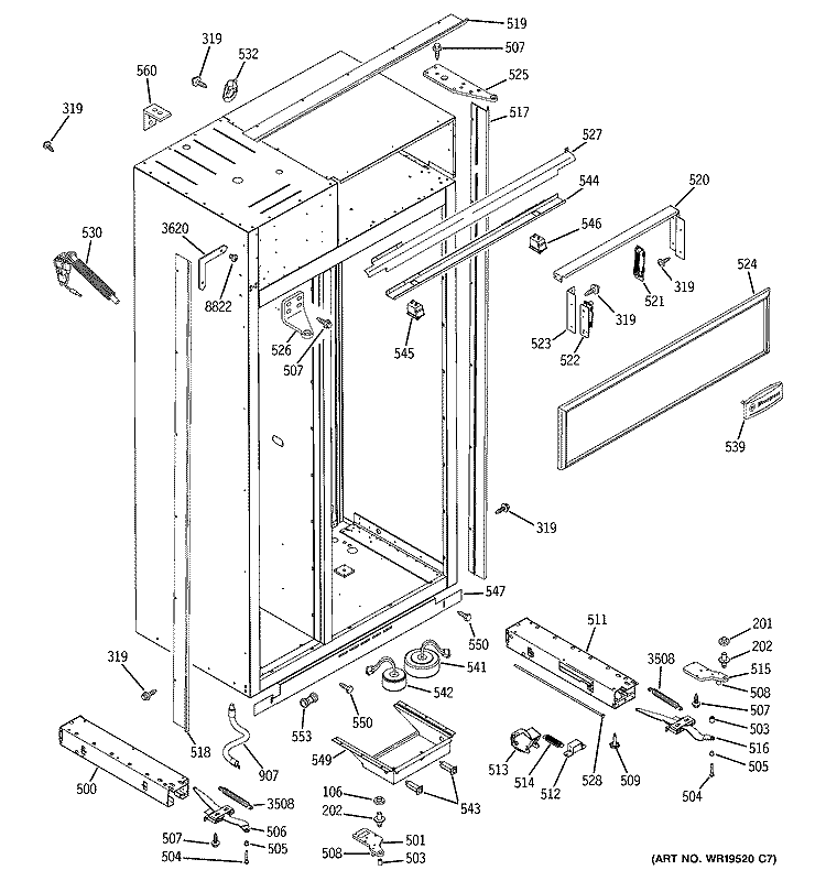 CASE PARTS Diagram and Parts List for ZISB360DRB  General Electric Refrigerator
