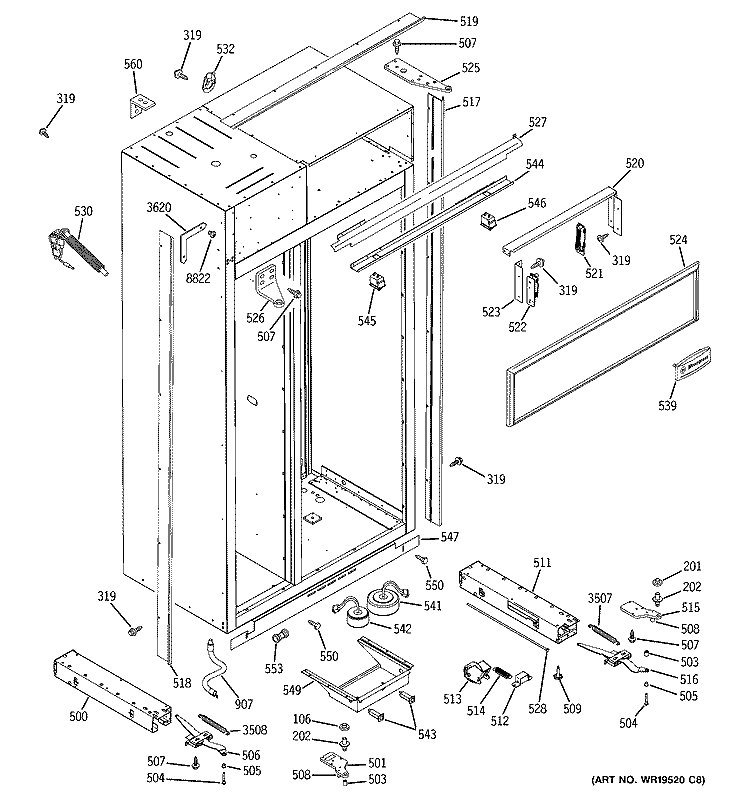 CASE PARTS Diagram and Parts List for ZISB420DRB  General Electric Refrigerator