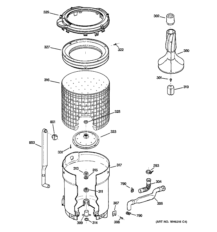 TUB, BASKET & AGITATOR Diagram and Parts List for WVSR1060D5WW  General Electric Washer