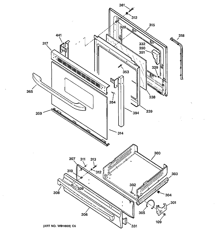 DOOR & DRAWER PARTS Diagram and Parts List for JGBS23CEH2CC  General Electric Range