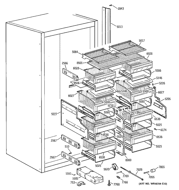 SHELVES & DRAWERS Diagram and Parts List for ZIF36NMBLH  General Electric Freezer