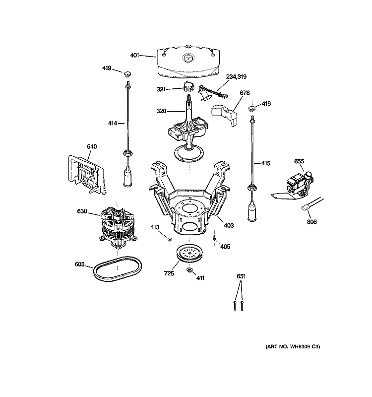 SUSPENSION, PUMP & DRIVE COMPONENTS Diagram and Parts List for WPRB9220C1CC  General Electric Washer