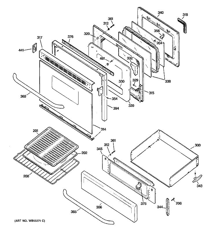 DOOR & DRAWER PARTS Diagram and Parts List for JGBP28GEH2SS  General Electric Range