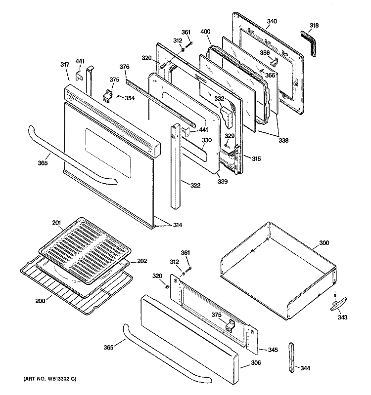 DOOR & DRAWER PARTS Diagram and Parts List for JGBP35SEJ1SS  General Electric Range