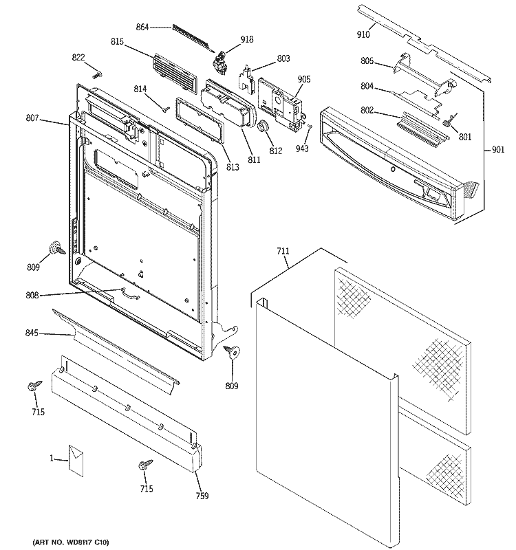 ESCUTCHEON & DOOR ASSEMBLY Diagram and Parts List for SSD4900J03WW  General Electric Dishwasher