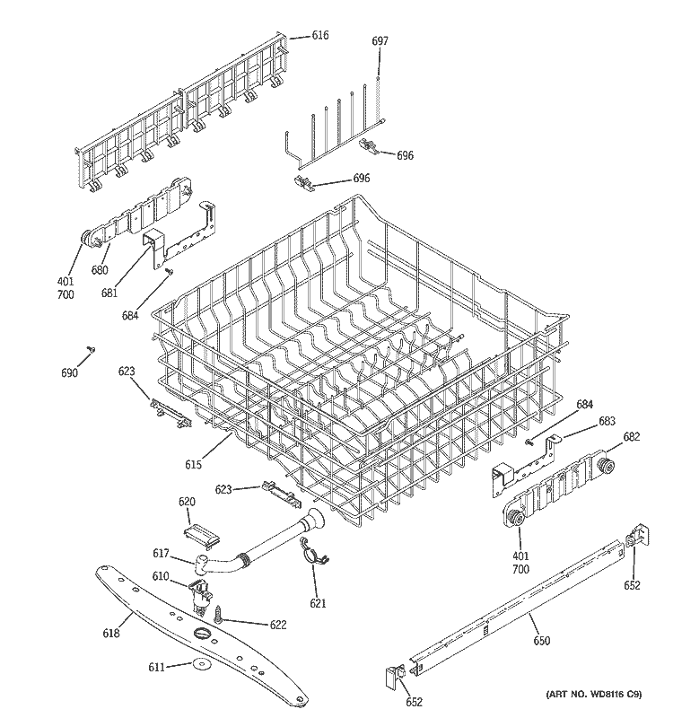 UPPER RACK ASSEMBLY Diagram and Parts List for GSD6900J03BB  General Electric Dishwasher