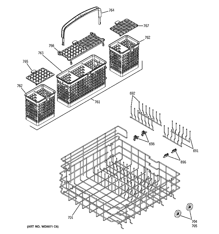 LOWER RACK ASSEMBLY Diagram and Parts List for PDW7800J03CC  General Electric Dishwasher