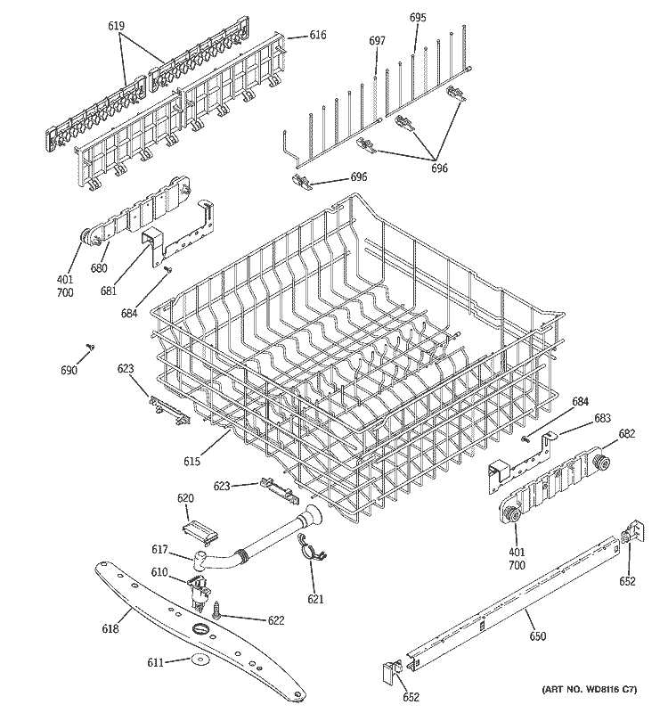 UPPER RACK ASSEMBLY Diagram and Parts List for PDW7300J03CC  General Electric Dishwasher
