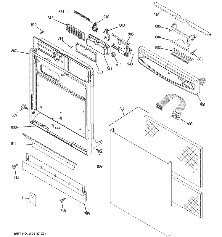 ESCUTCHEON & DOOR ASSEMBLY Diagram and Parts List for PDW7700J03CC  General Electric Dishwasher