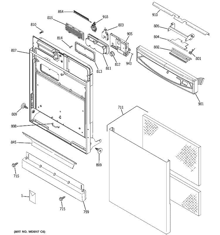 ESCUTCHEON & DOOR ASSEMBLY Diagram and Parts List for EDW4060G03SS  General Electric Dishwasher
