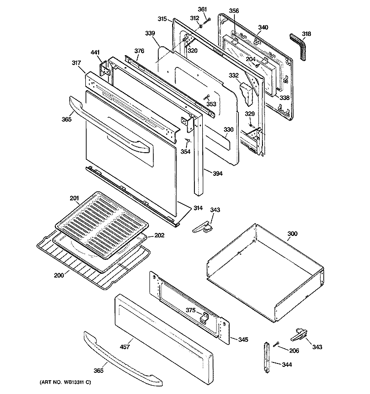 DOOR & DRAWER PARTS Diagram and Parts List for JGBP28GEJ1SS  General Electric Range