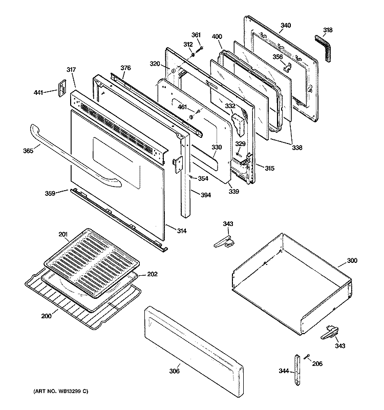 DOOR & DRAWER PARTS Diagram and Parts List for JGBP35BEJ1BB  General Electric Range