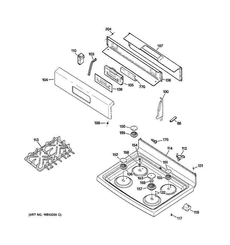 CONTROL PANEL & COOKTOP Diagram and Parts List for JGBP36WEJ1WW  General Electric Range