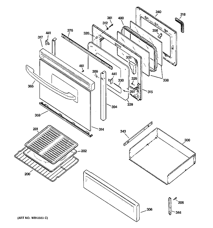 DOOR & DRAWER PARTS Diagram and Parts List for JGBP83BEH1BB  General Electric Range