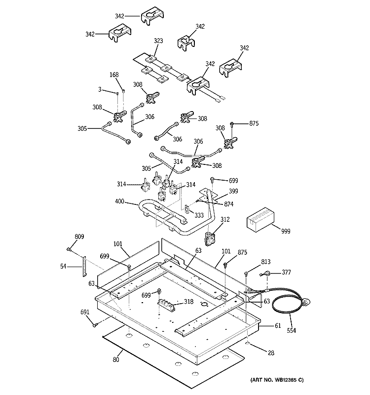 GAS & BURNER PARTS Diagram and Parts List for JGP963BEC2BB  General Electric Cooktop