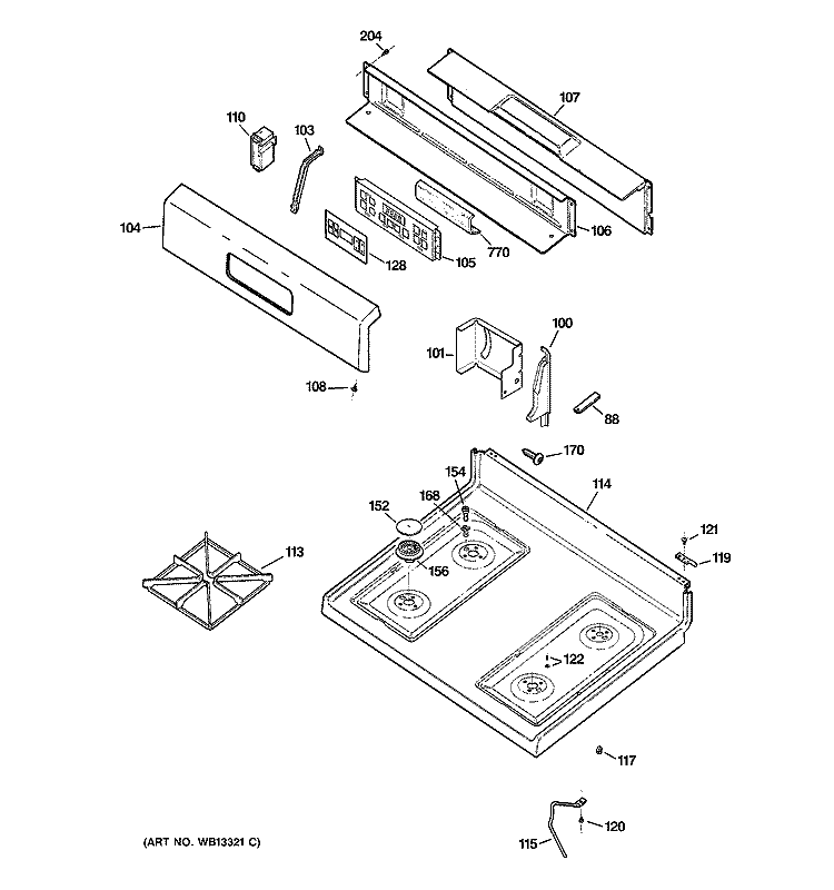 CONTROL PANEL & COOKTOP Diagram and Parts List for JGBP28TEH2WW  General Electric Range