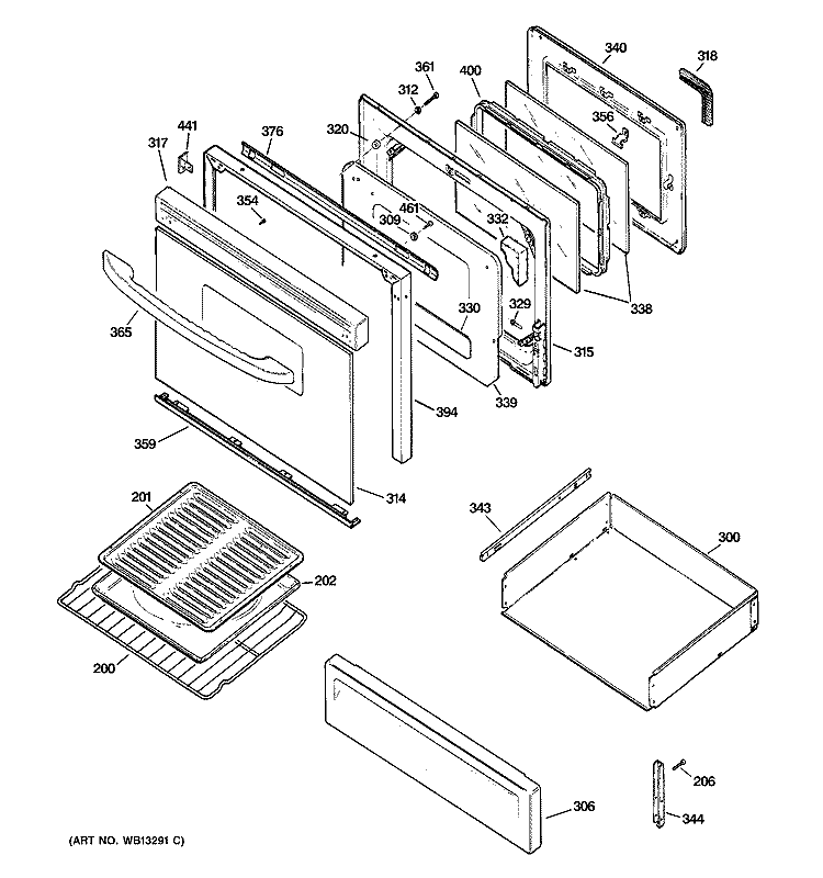 DOOR & DRAWER PARTS Diagram and Parts List for JGBP80CEH2CC  General Electric Range