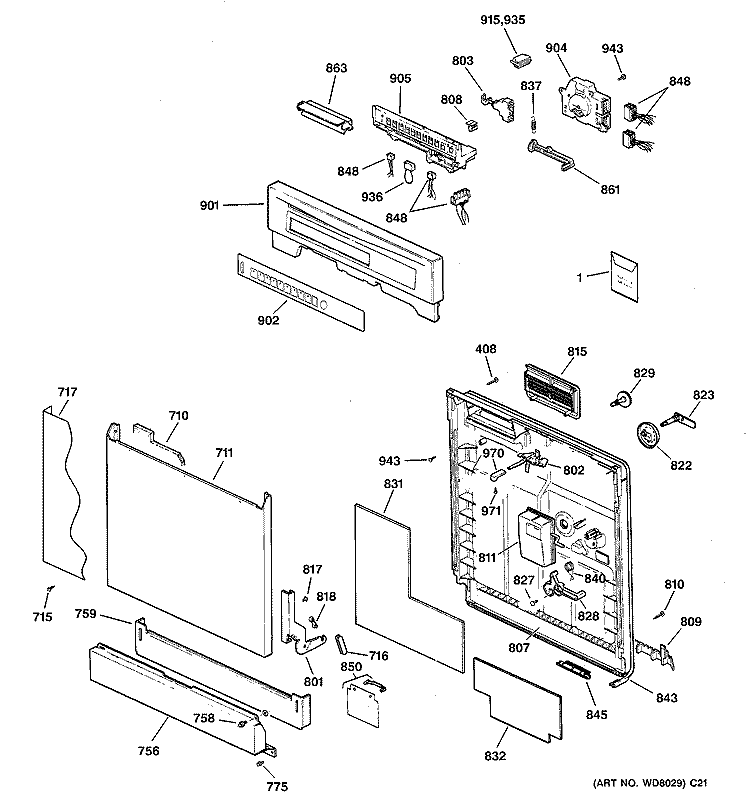 ESCUTCHEON & DOOR ASSEMBLY Diagram and Parts List for GSDL322F00BB  General Electric Dishwasher