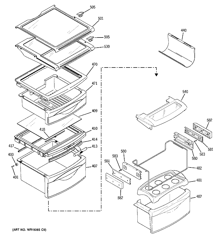 FRESH FOOD SHELVES Diagram and Parts List for PCT23SHPBSS  General Electric Refrigerator
