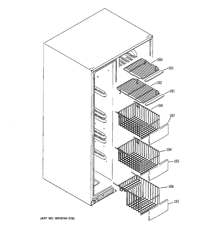 FREEZER SHELVES Diagram and Parts List for PSW26MSRBSS  General Electric Refrigerator