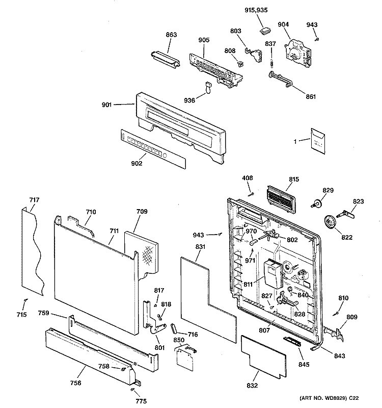 ESCUTCHEON & DOOR ASSEMBLY Diagram and Parts List for GSDL332F01WW  General Electric Dishwasher