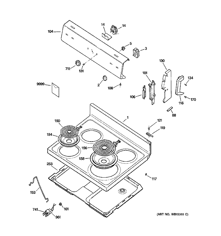 CONTROL PANEL & COOKTOP Diagram and Parts List for RB525BH3CT  Hotpoint Range