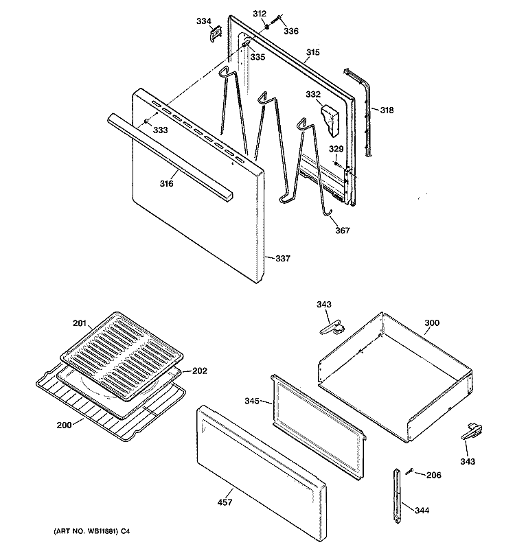 DOOR & DRAWER PARTS Diagram and Parts List for RB525H3WH  Hotpoint Range