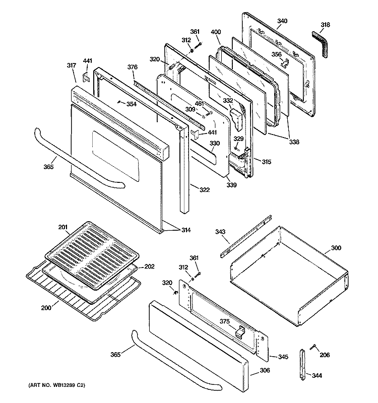DOOR & DRAWER PARTS Diagram and Parts List for JGBP80SEH3SS  General Electric Range