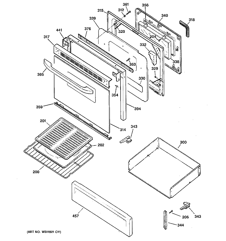 DOOR & DRAWER PARTS Diagram and Parts List for JGBP29WEJ1WW  General Electric Range