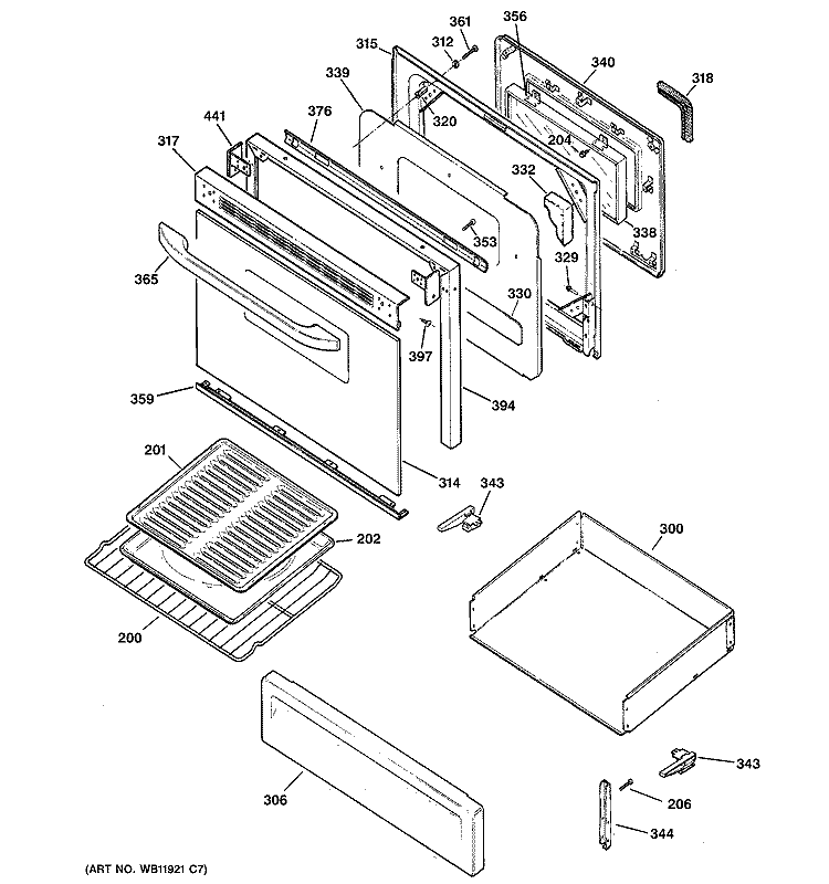 DOOR & DRAWER PARTS Diagram and Parts List for JGBP26CEH2CC  General Electric Range