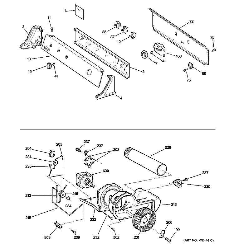 CONTROLS, BACKSPLASH, BLOWER & MOTOR Diagram and Parts List for DS4600EE0WW  General Electric Dryer